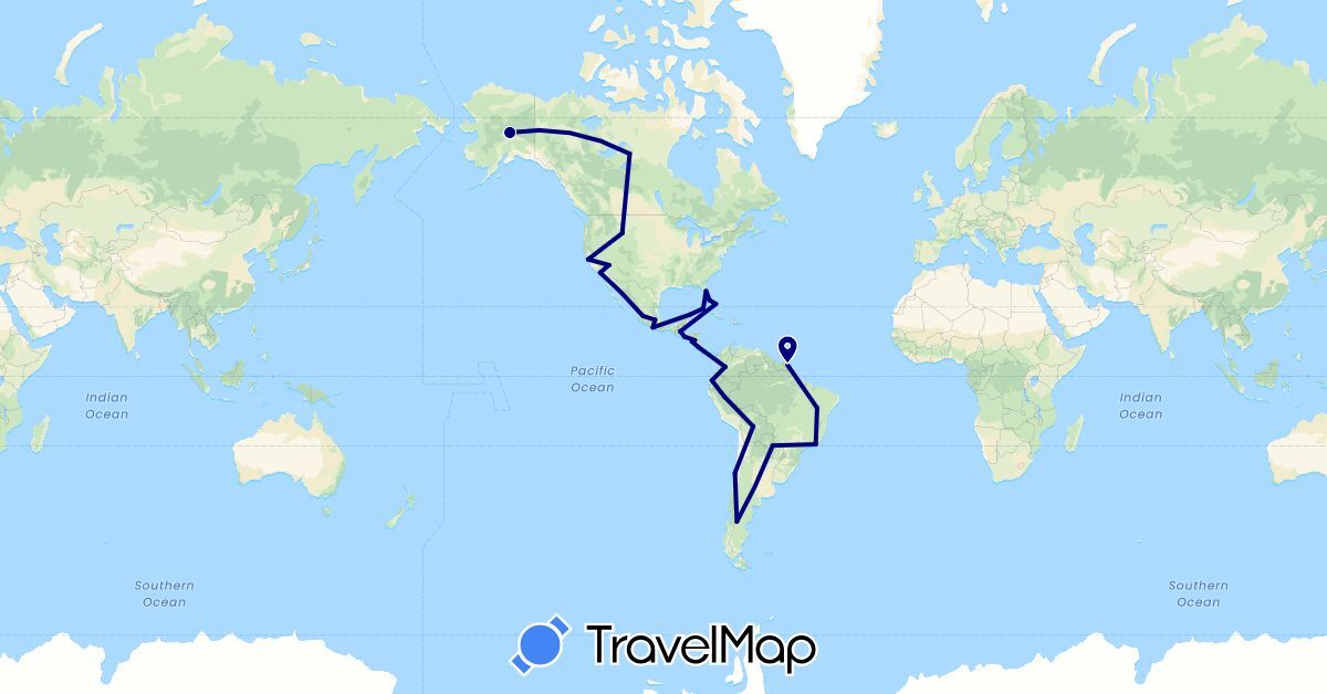 TravelMap itinerary: driving in Argentina, Bolivia, Brazil, Bahamas, Canada, Chile, Colombia, Costa Rica, Cuba, Ecuador, France, Guatemala, Mexico, Nicaragua, Peru, Paraguay, El Salvador, United States (Europe, North America, South America)